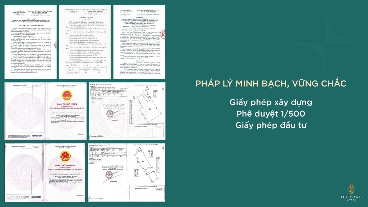 Bộ hồ sơ pháp lý The Maris Vũng Tàu hoàn chỉnh với Quy hoạch 1/500, Giấy phép xây dựng và Giấy chứng nhận đầu tư, khẳng định sự minh bạch và an toàn tuyệt đối cho nhà đầu tư.